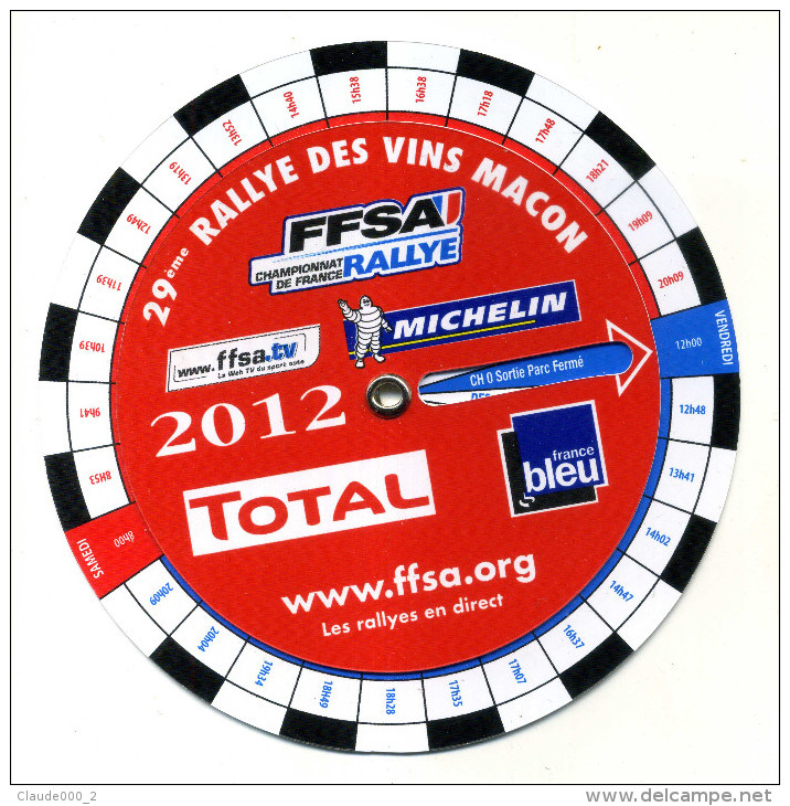 PROGRAMME INTELLIGENT DU 29eme RALLYE DES VINS MACON 2012 PLASTIQUE STYLE DISQUE DE STATIONNEMENT ETAT NEUF - Other & Unclassified