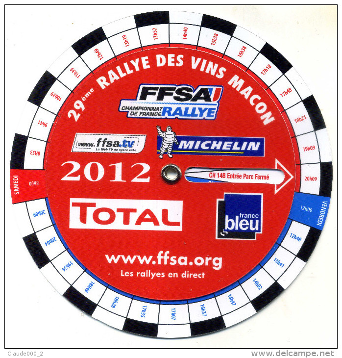 PROGRAMME INTELLIGENT DU 29eme RALLYE DES VINS MACON 2012 PLASTIQUE STYLE DISQUE DE STATIONNEMENT ETAT NEUF