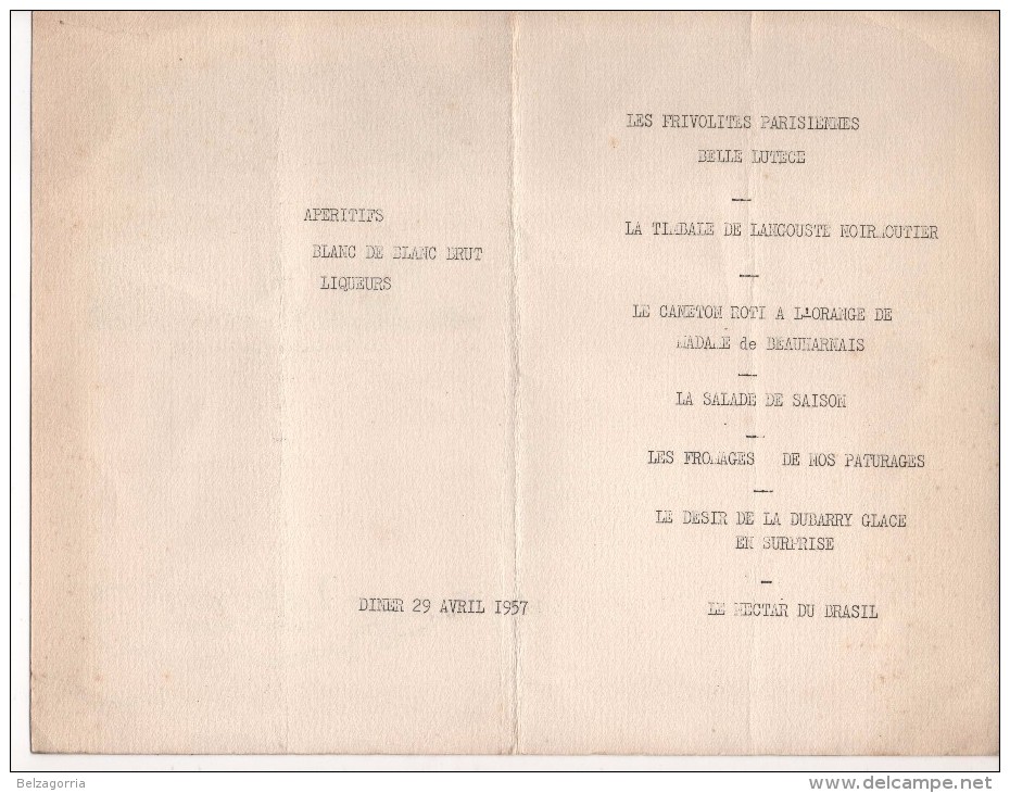 MENU  DU RESTAURANT LEDOYEN CHAMPS-ELYSEES - DINER Du 29 AVRIL 1957 -  75 PARIS - Menus