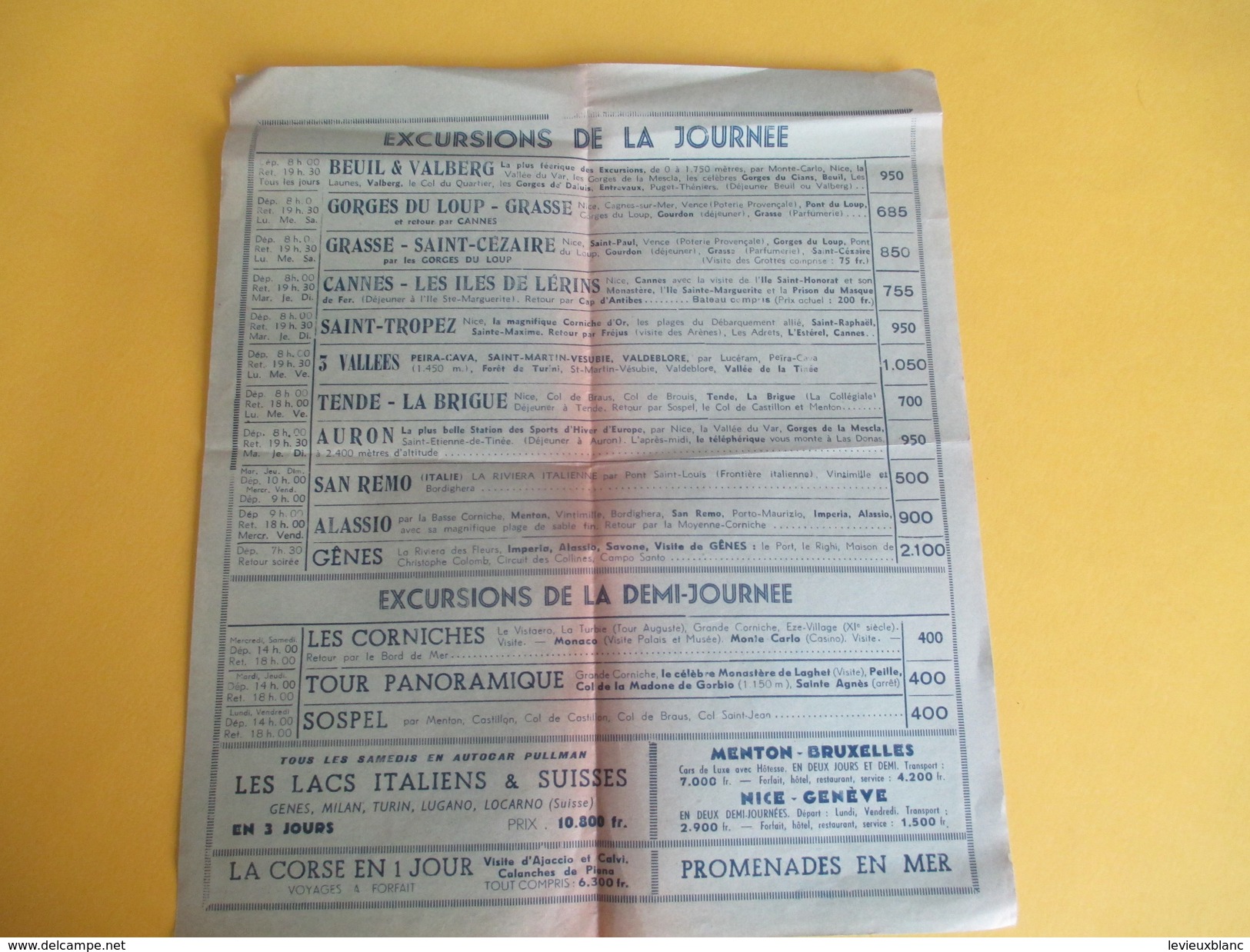 Autocar Pullman/Azuréens-cars/MENTON/Excursions/Carte Et Prix/Services Réguliers Au Départ De Nice/Vers 1945-1950 AC131 - Autres & Non Classés