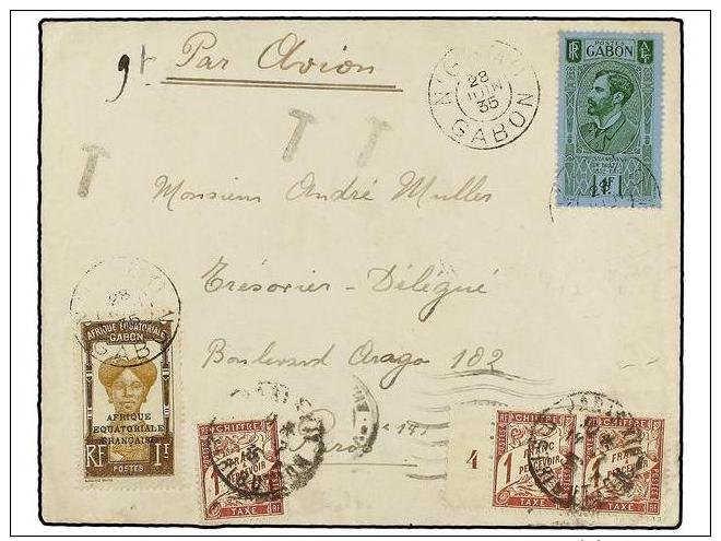 GABON. 1935. N&acute;GAMO A FRANCIA. 1 Fr.(2), Tasada A La Llegada Con 3 Fr. Pagados Con Sellos Franceses De... - Other & Unclassified