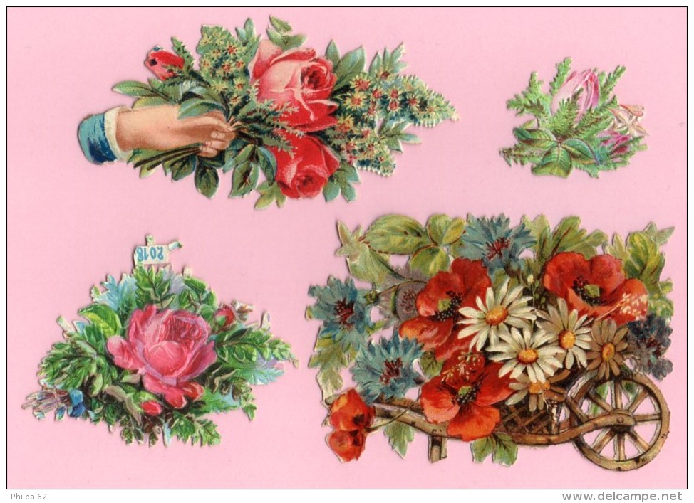 Ensemble De 4 Découpis Gaufrés En Relief,  Fleurs, Roses, Marguerites, Anémones. - Flowers