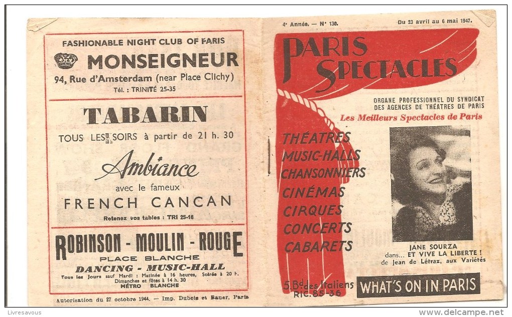 Programme Paris Spectacles N°130 4 ème Année Du 23 Avril Au 6 Mai 1947 - Programmes