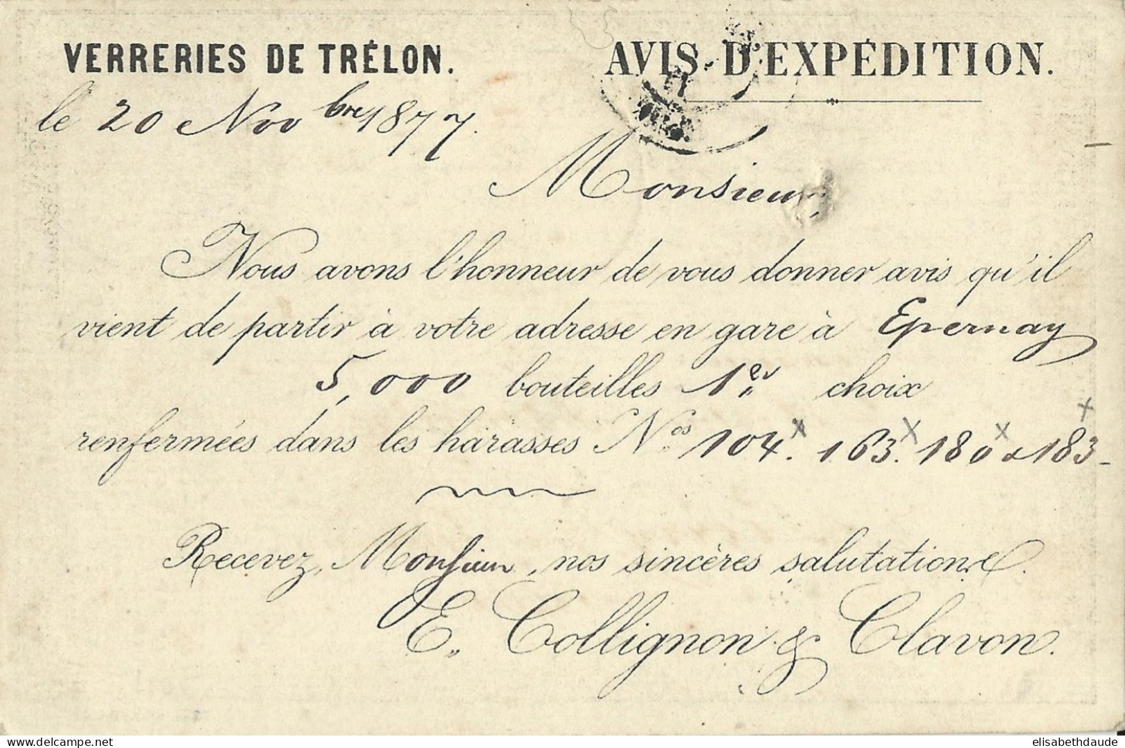 1877 - CARTE PRECURSEUR TYPE SAGE REPIQUEE Des VERRERIES De TRELON (NORD) Pour PIERRY Près EPERNAY (MARNE) - Precursor Cards