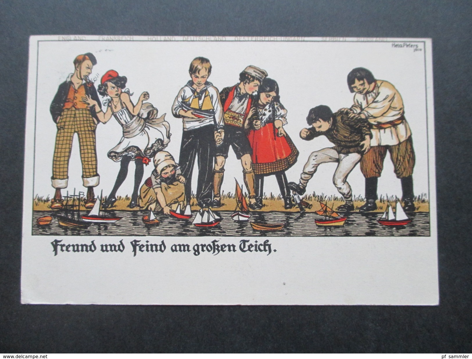 Künstlerkarte Hela Peters 1914 Feund Und Feind Am Großen Teich / Karrikatur Verschiedener Länder. Flottenbund Deutscher - Sonstige & Ohne Zuordnung