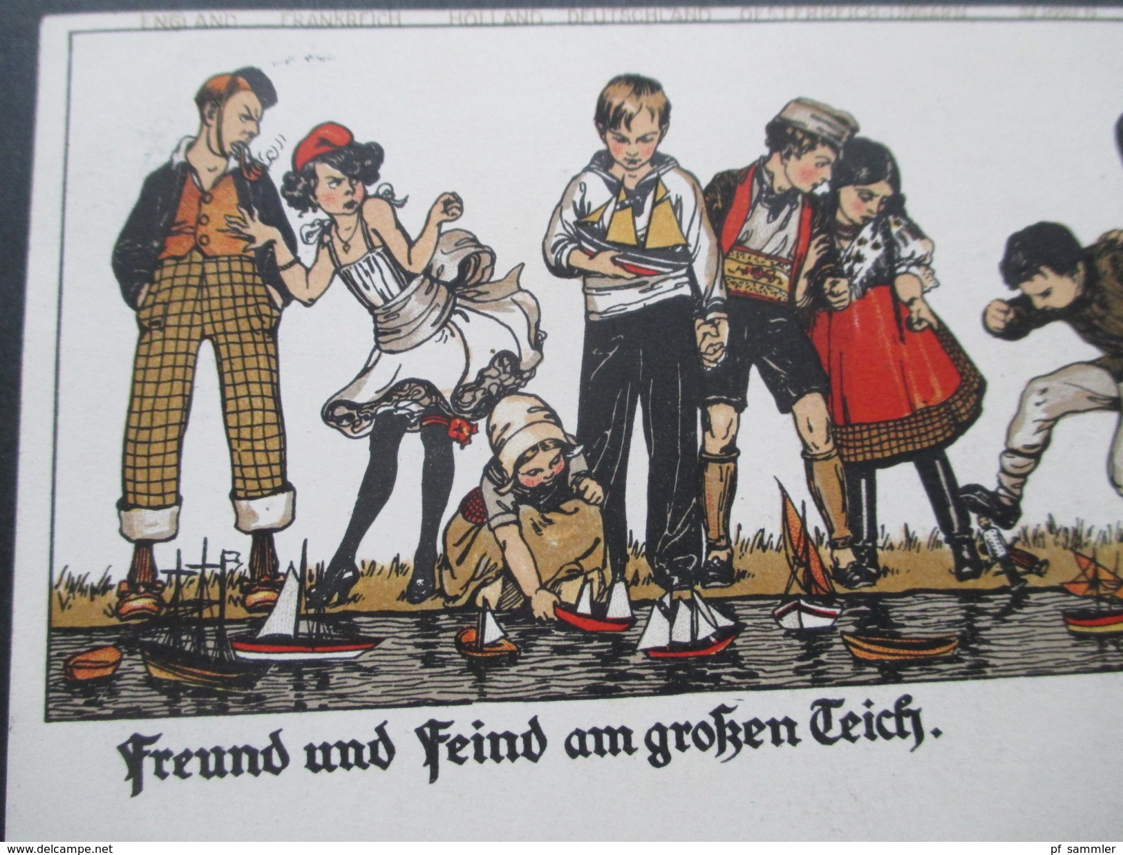 Künstlerkarte Hela Peters 1914 Feund Und Feind Am Großen Teich / Karrikatur Verschiedener Länder. Flottenbund Deutscher - Sonstige & Ohne Zuordnung