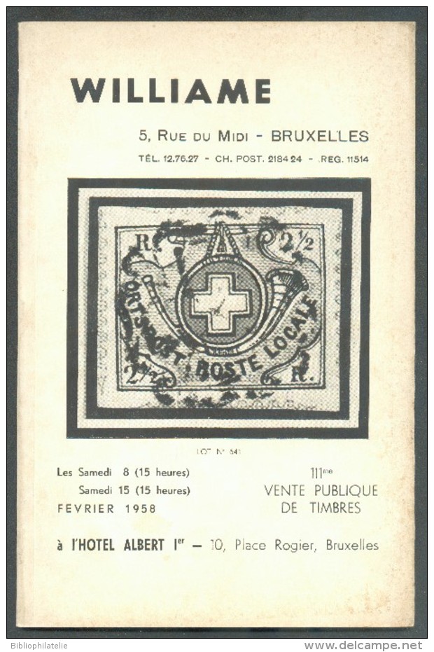 Catalogue De Vente Publique WILLIAME N°111 - Vente De Février 1958, Bruxelles, 32 P. + 7 Pl. - MX012 - Catalogues De Maisons De Vente