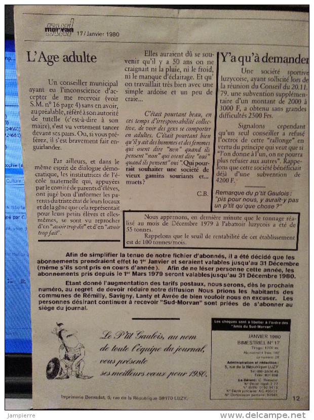 Revue "Sud-Morvan" - Bimestriel N017 - Janvier 1980 - Rédaction Basée à Luzy, Géré Par C. Bernadat - 12 Pages - Bourgogne