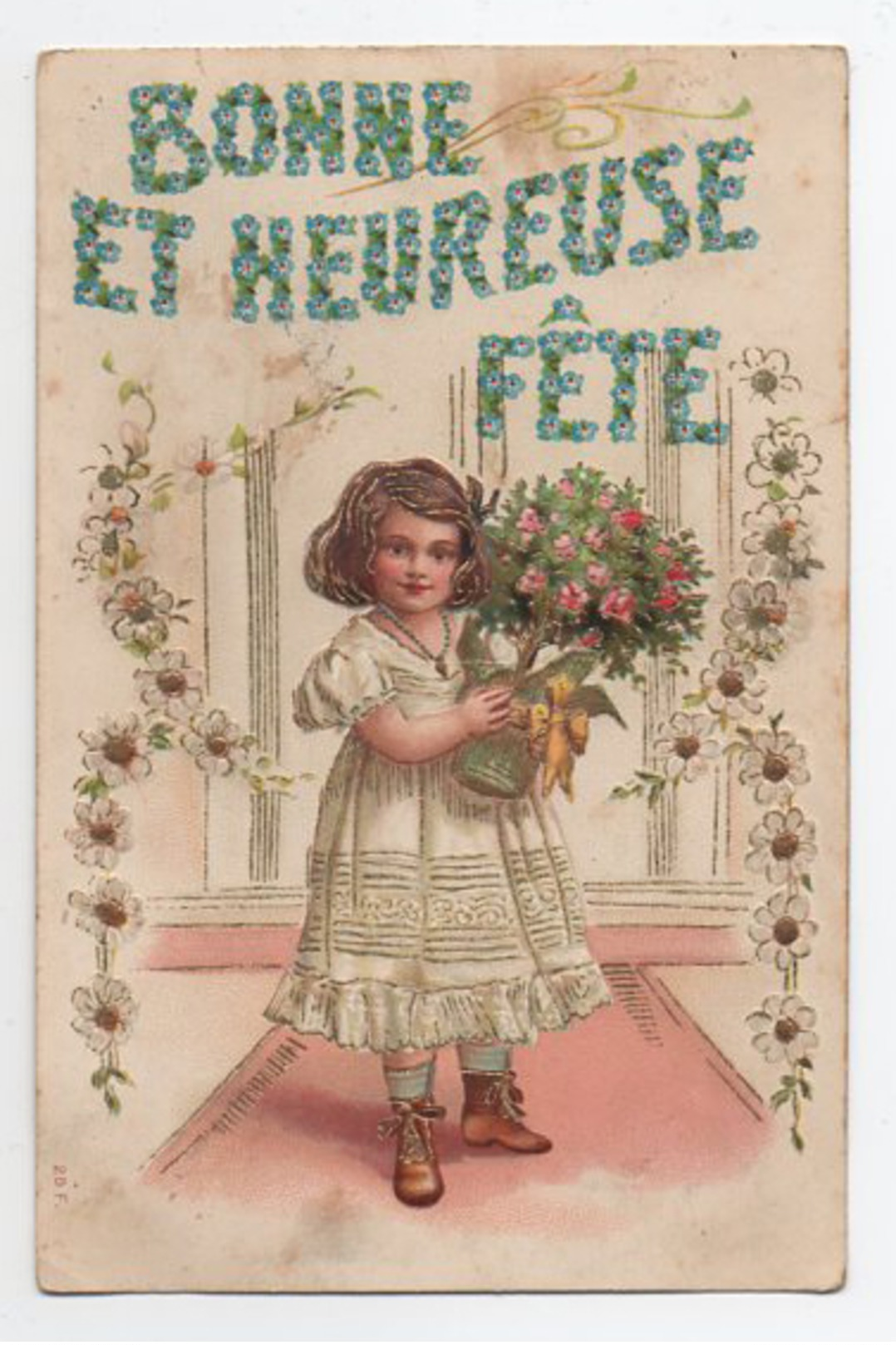 Illustrée Enfant Fille - Poupée Fleurs Gaufrée Bonne Fête - Autres & Non Classés