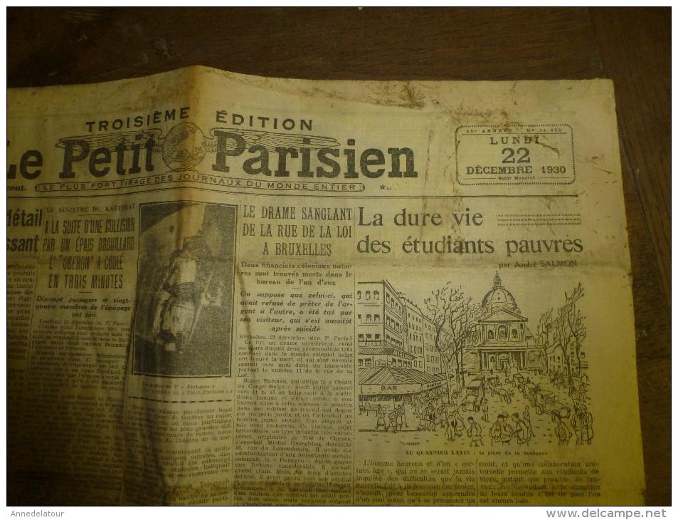 1930 LE PETIT PARISIEN :Terrible Collision Du KATTEGAT Entre 2 Navires Finlandais OBERON Et  ARCTURUS, Coulé En 3 Mn - Le Petit Parisien
