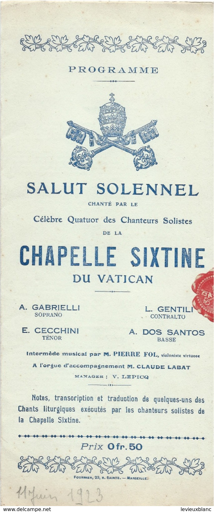 Concert/ Salut Solennel/Quatuor Des Chanteurs Solistes  De La Chapelle Sixtine Du VATICAN/1923     PROG90 - Programmes