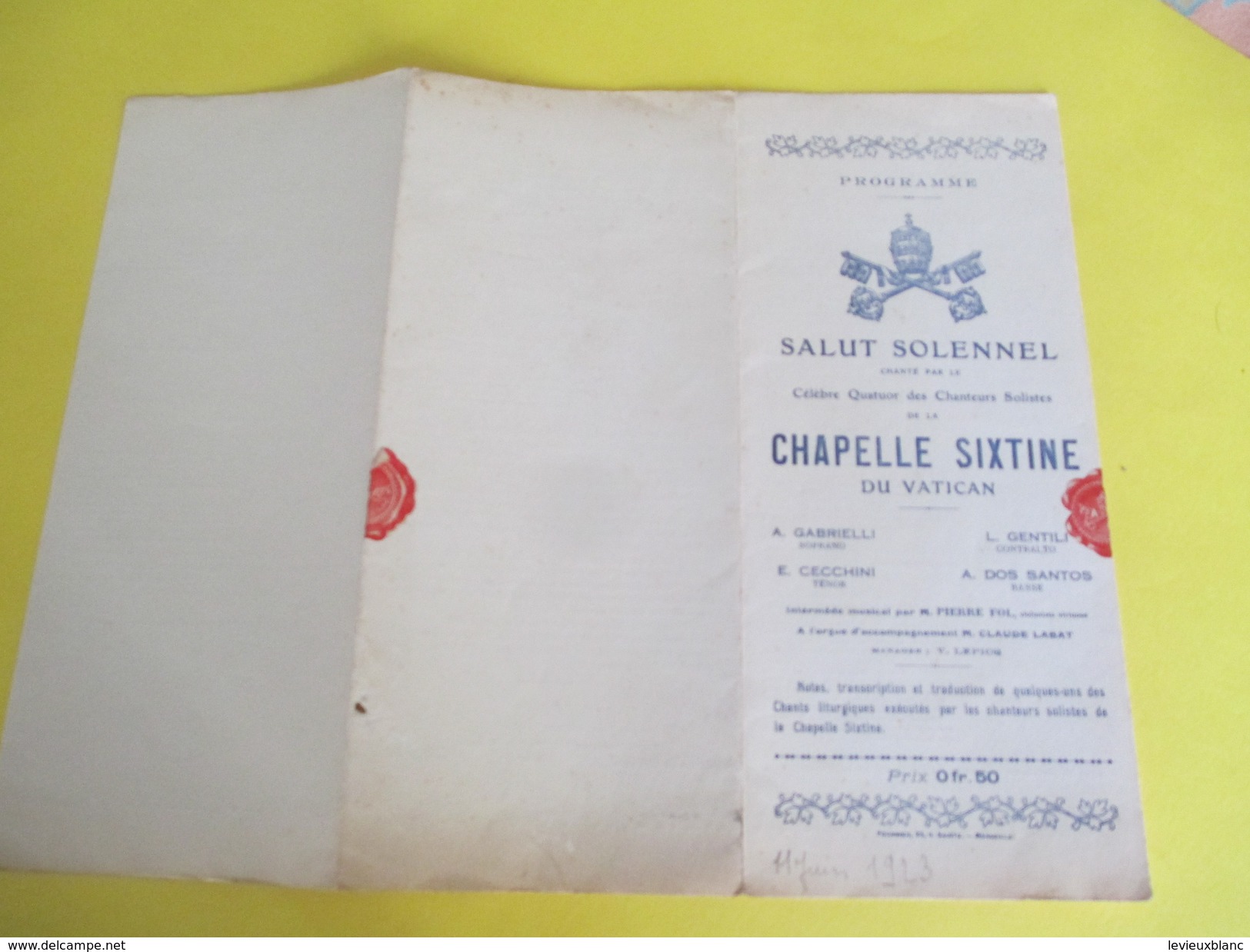 Concert/ Salut Solennel/Quatuor Des Chanteurs Solistes  De La Chapelle Sixtine Du VATICAN/1923     PROG90 - Programmes