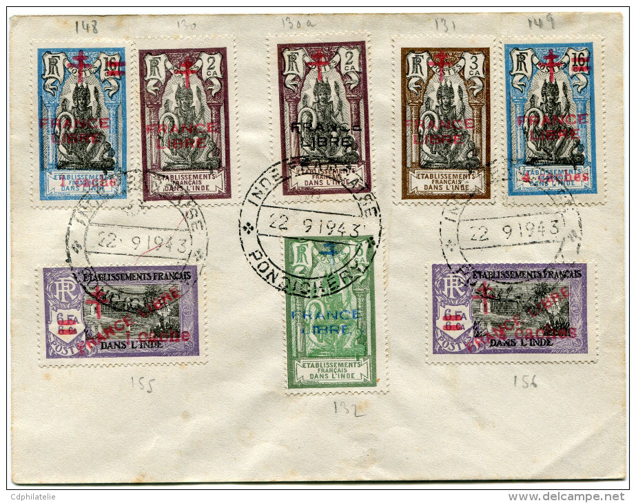 INDE FRANCAISE FRANCE LIBRE LETTRE AFFRANCHIE AVEC N°130,130a,131,132,148,149,155 Et 156 AVEC OBL. PONDICHERY 22-9-1943 - Storia Postale