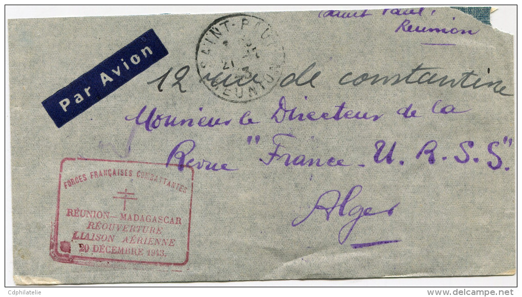 REUNION FRANCE LIBRE LETTRE PAR AVION AVEC AFFRANCHISSEMENT AU DOS + CACHET ROUGE "FORCES FRANCAISES COMBATTANTES...." - Brieven En Documenten