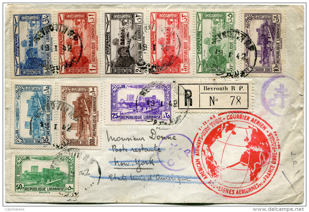 LIBAN LETTRE RECOMMANDEE CENSUREE AVEC CACHET ROUGE " PAN AMERICAN AIRWAYS....COURRIER AERIEN...LIGNES...FRANCE LIBRE" - Liban