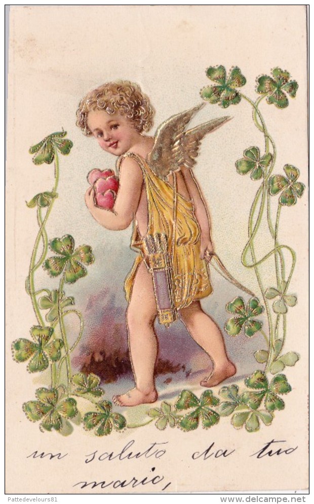 CPA Gaufrée Ange Angelot Angel Cupidon Trèfle Embossed Fantaisie Illustrateur - Anges