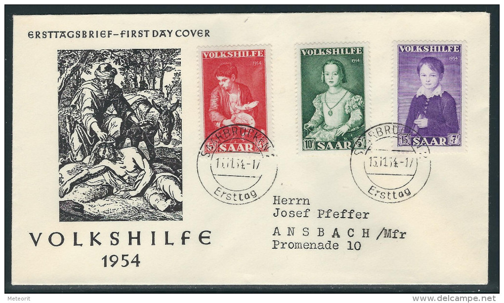 Saar Ersttagsbrief Volkshilfe 1954 Mit MiNr. 354+355+356 - FDC