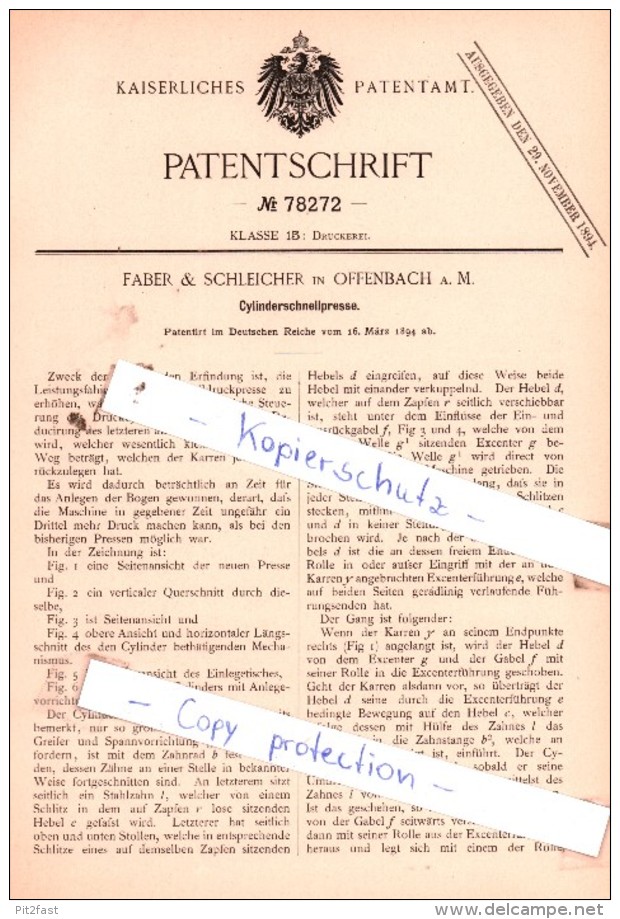 Original Patent  - Faber & Schleicher In Offenbach A. M. , 1894 , Cylinderschnellpresse !!! - Historische Dokumente