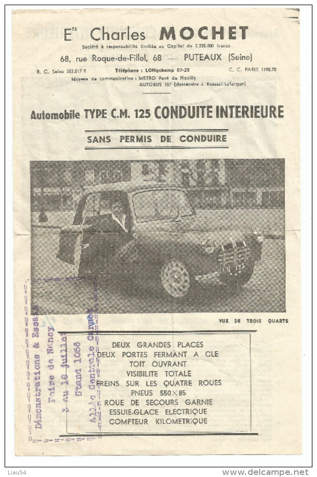 Flyer Automobile Type C.M. 125 CONDUITE INTERIEURE SANS PERMIS DE CONDUIRE - Voitures De Tourisme