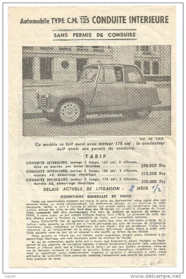 Flyer Automobile Type C.M. 125 CONDUITE INTERIEURE SANS PERMIS DE CONDUIRE - Voitures De Tourisme