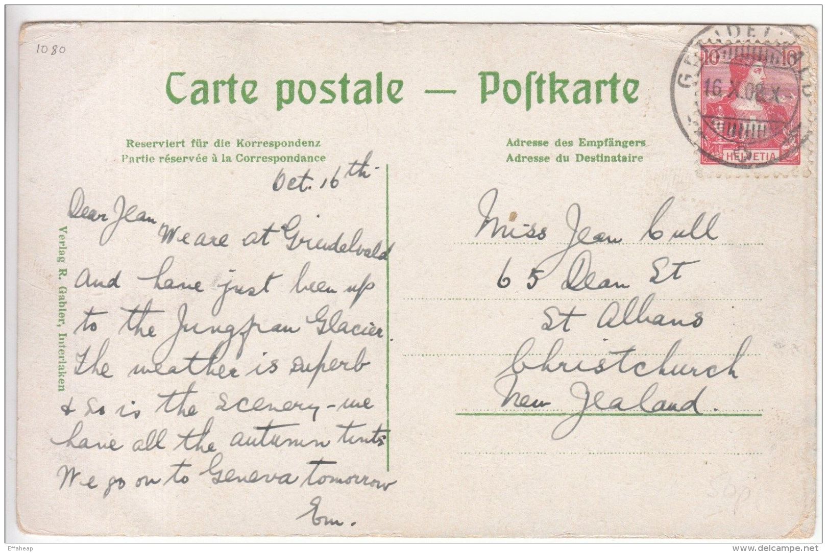 Switzerland: Postcard, Berner Oberland; Grindelwald To New Zealand, 18 Oct 1908 - Other & Unclassified