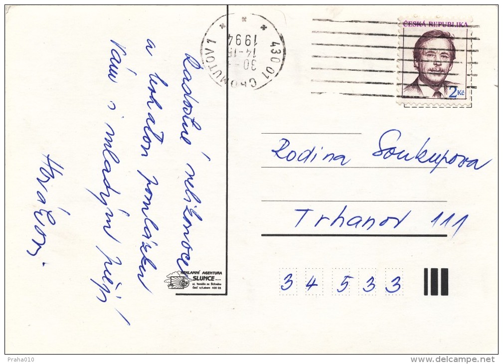 L0506 - Czech Rep. (1994) 430 01 Chomutov 1 (machine Postmark - Rotated Postmark), Postcard, Tariff: 2,00 Kc - Abarten Und Kuriositäten