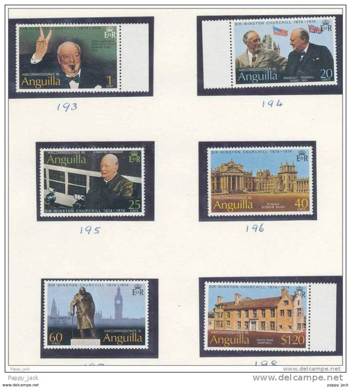 ANGUILLA SET Of 6 Perf 1974 Churchill Roosevelt Statue Blenheim Palace Country House Chartwell  MNH - Anguilla (1968-...)