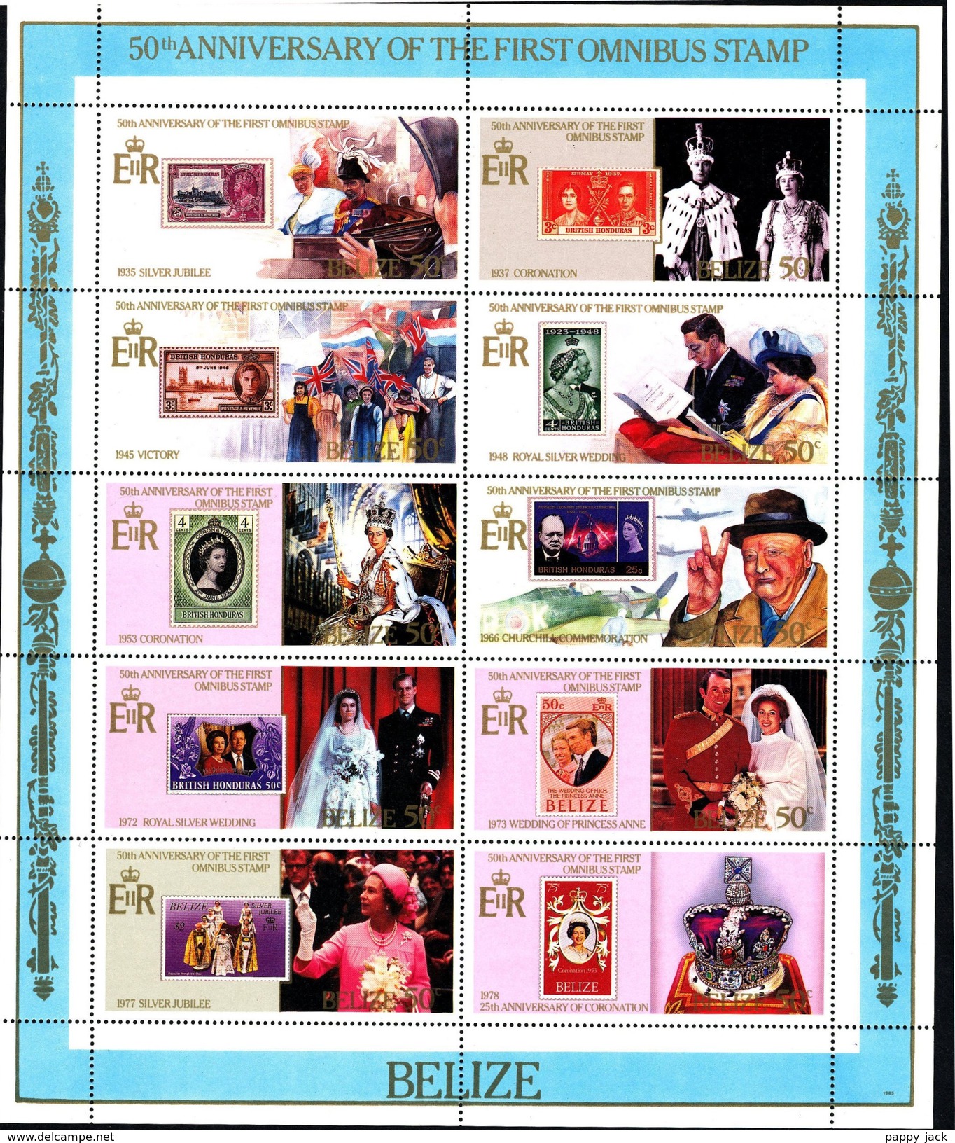 Belize 1985 Sheet 50th Anniversary 1st Omnibus 10 Stamps Royality Wedding Queen Sc. # 763n Churchill - Sir Winston Churchill