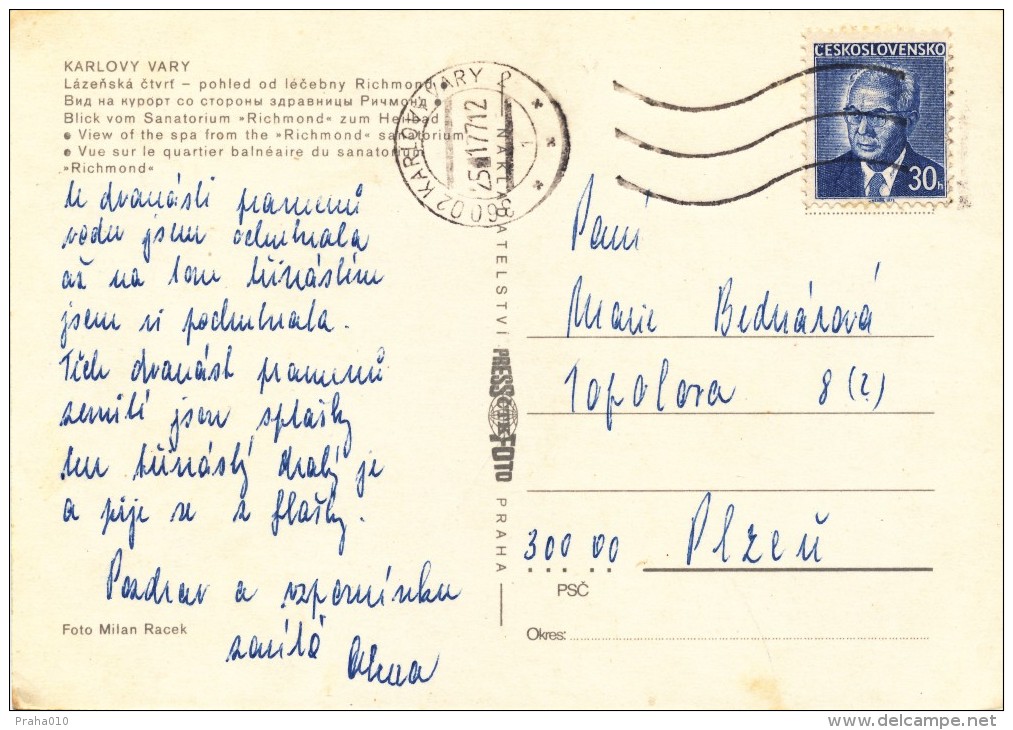 L0525 - Czechoslovakia (1977) 360 02 Karlovy Vary 2 (postcard) Tariff: 30h (stamp: Gustav Husak - Shift Perforation) - Variétés Et Curiosités