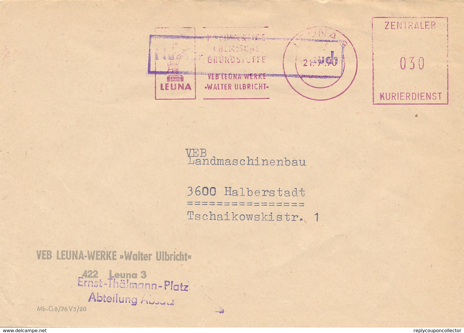 LEUNA - 1970 , Zentraler Kurierdienst - VEB LEUNA-Werke "Walter Ulbricht" - Nach Halberstadt - Other & Unclassified