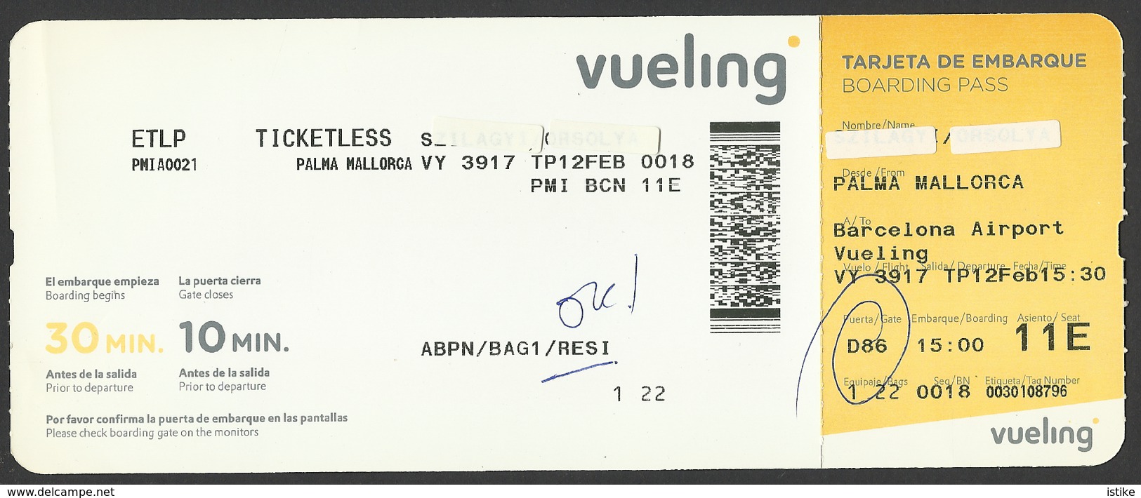 Spain, Vueling- Boarding Pass, Baggage Label, Palma Mallorca-Barcelona, 2015. - Europe