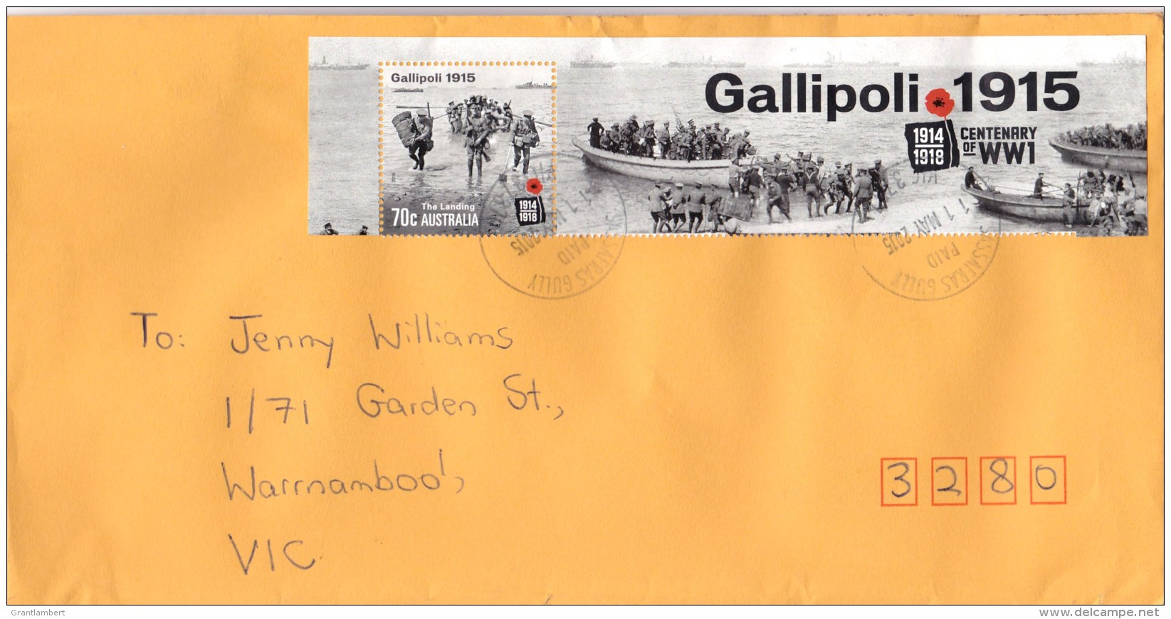 Australia 2015 Gallipoli 1915 70c WW1 Centenary On Domestic Letter - Lettres & Documents