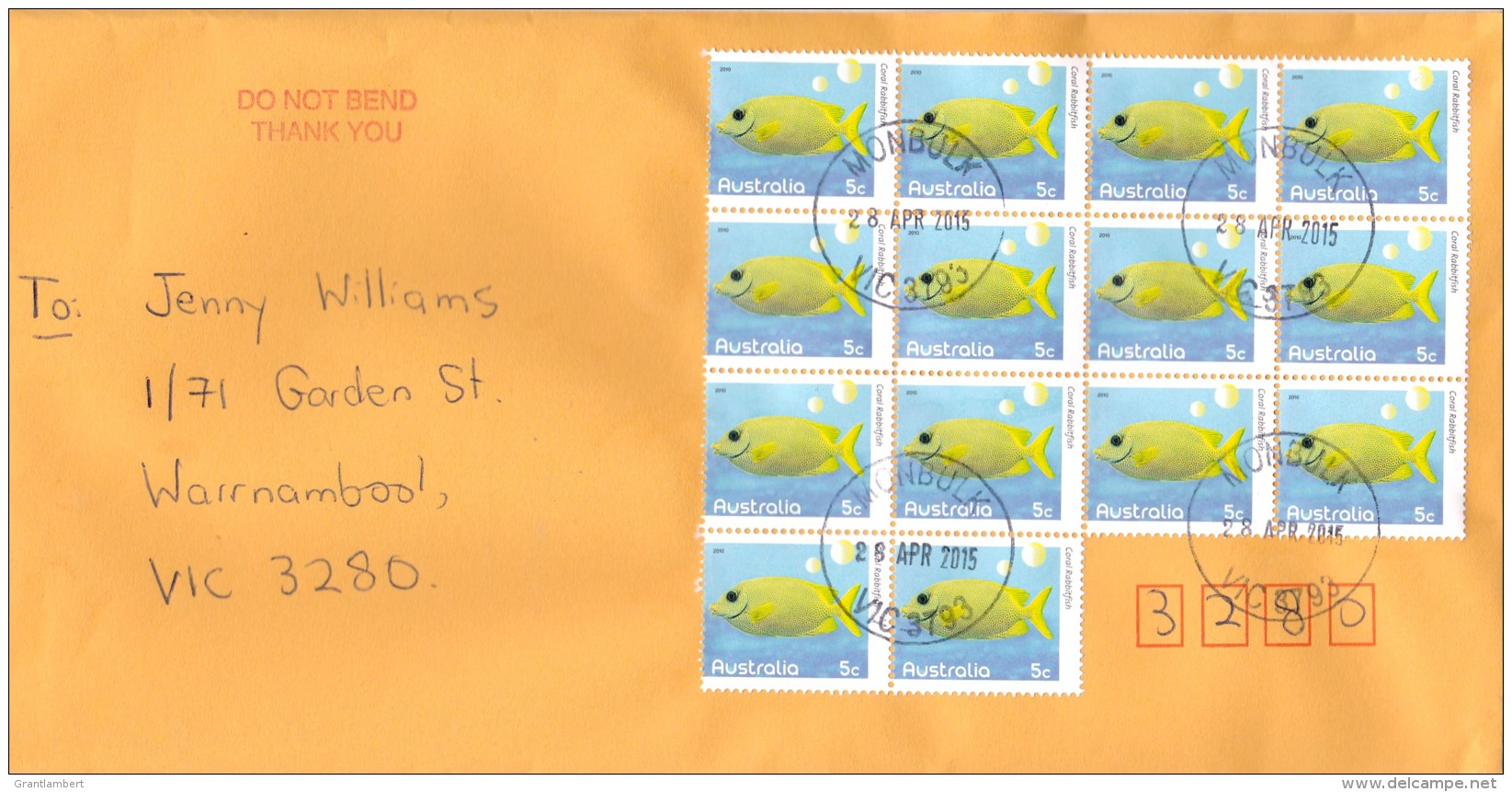 Australia 2015 Fishes Of The Reef 5c Rabbitfish Block Of 14 On Domestic Letter - Lettres & Documents