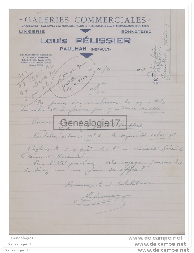 34 938 PAULHAN HERAULT 1948 Galeries Commerciales LOUIS PELISSIER Lingerie Bonneterie - 1900 – 1949