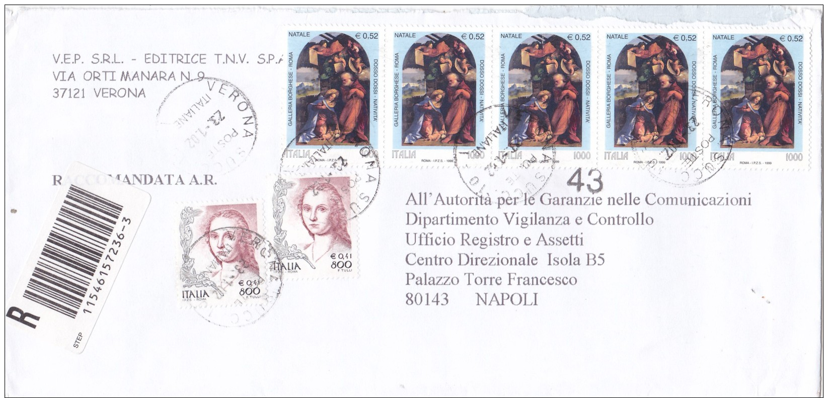 REPUBBLICA.ITALIA.BUSTA..STORIA POSTALE.STRISCIA DI CINQUE.AFFRANCATUTA MISTA.NATALE.GALLERIA BORGHESE.VERONA.NAPOL.5546 - 2001-10: Marcophilia