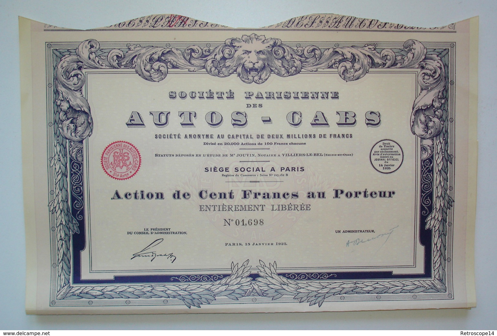 RARE. 1925. SOCIÉTÉ DES AUTOS-CABS Avec Coupons. ART DÉCO. - Cars