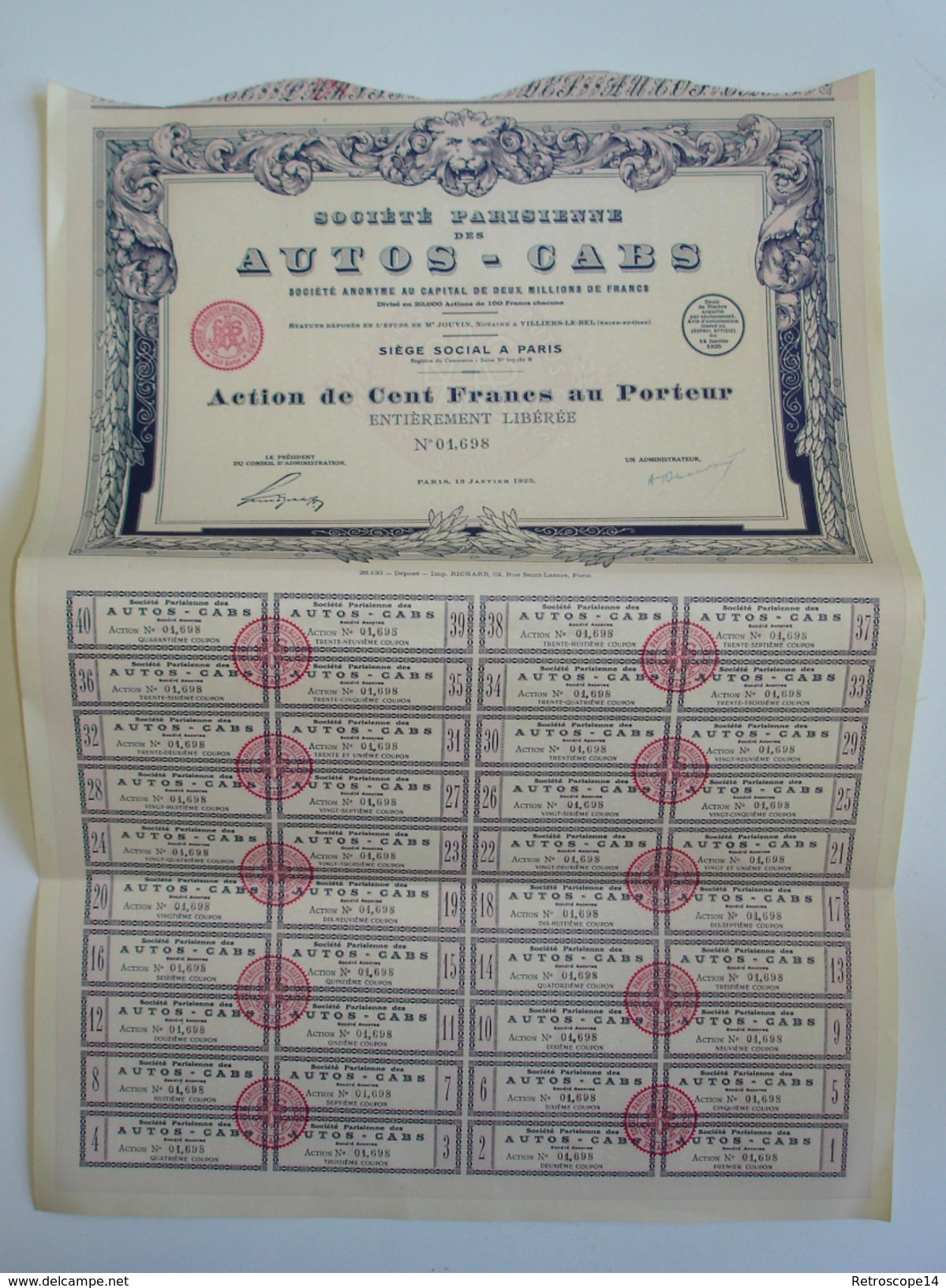 RARE. 1925. SOCIÉTÉ DES AUTOS-CABS Avec Coupons. ART DÉCO. - Cars