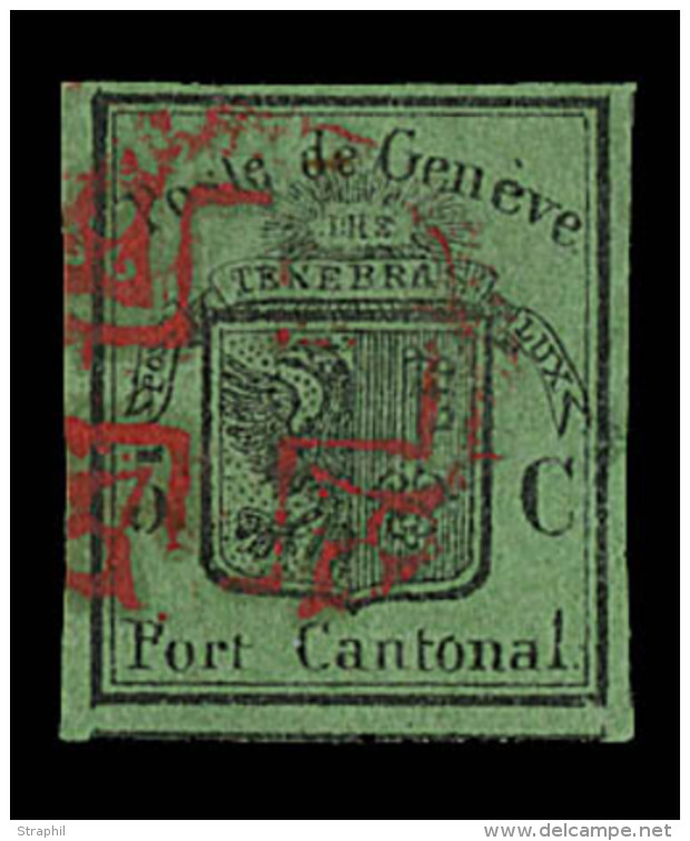 N°7 (N°3A) - 5r Noir S/vert Foncé - Grand Aigle - Obl. Rosette Rge De Genève - Variét&eacut - 1843-1852 Timbres Cantonaux Et  Fédéraux