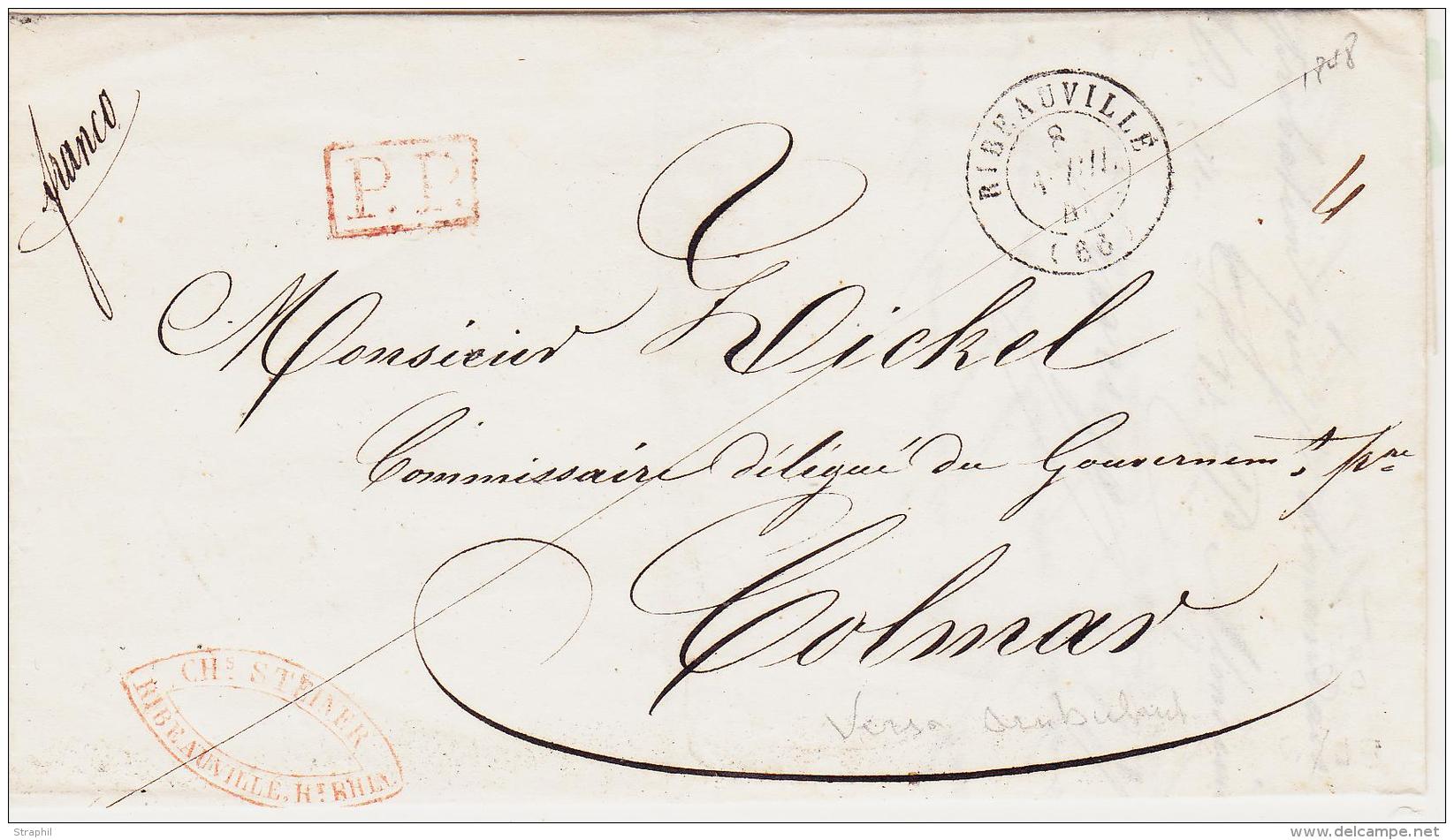PORTS PAYES  T15 Ribeauvillé - Pr Colmar - 1848 - P.P. Rge - Verso Strasbourg à Bâle N°2 - TB - Cartas & Documentos