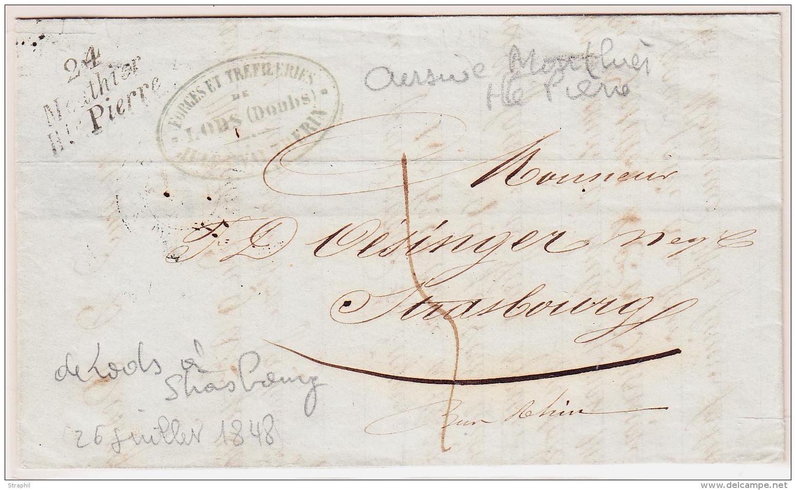 CURSIVES - 24 Monthier Hte Pierre - 26/7/48 - De LODS à Strasbourg - TB - 1801-1848: Precursors XIX