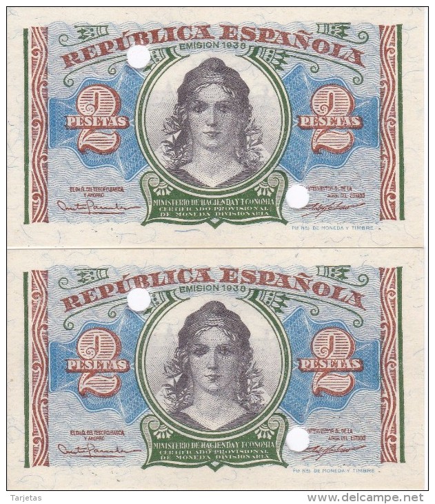 PAREJA CORRELATIVA DE 2 PTAS DEL AÑO 1938 SERIE A SIN CIRCULAR-PLANCHA-UNCIRCULATED INUTILIZADOS-PERFORADOS - 1-2 Peseten