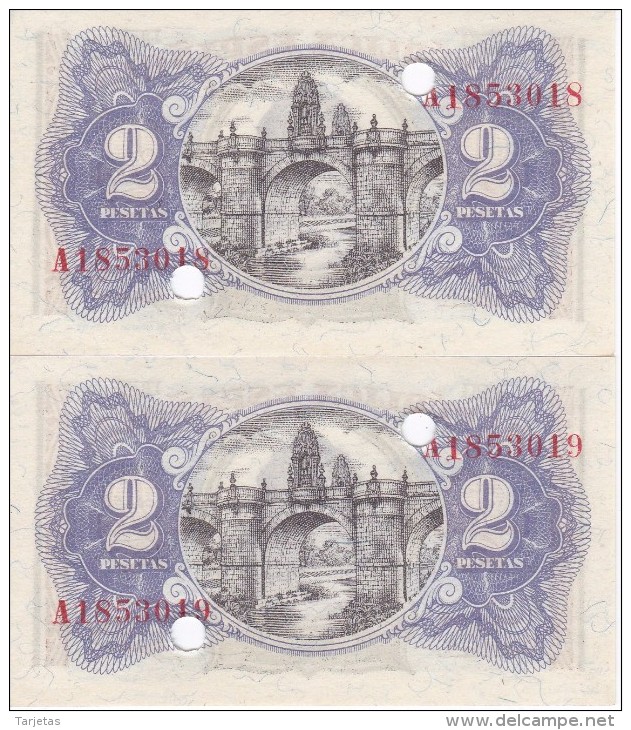 PAREJA CORRELATIVA DE 2 PTAS DEL AÑO 1938 SERIE A SIN CIRCULAR-PLANCHA-UNCIRCULATED INUTILIZADOS-PERFORADOS - 1-2 Peseten