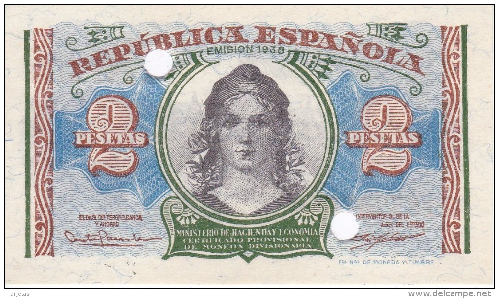 BILLETE DE 2 PESETAS AÑO 1938 DE LA REPUBLICA ESPAÑOLA SIN CIRCULAR-UNCIRCULATED (INUTILIZADO-PERFORADO) - 1-2 Pesetas