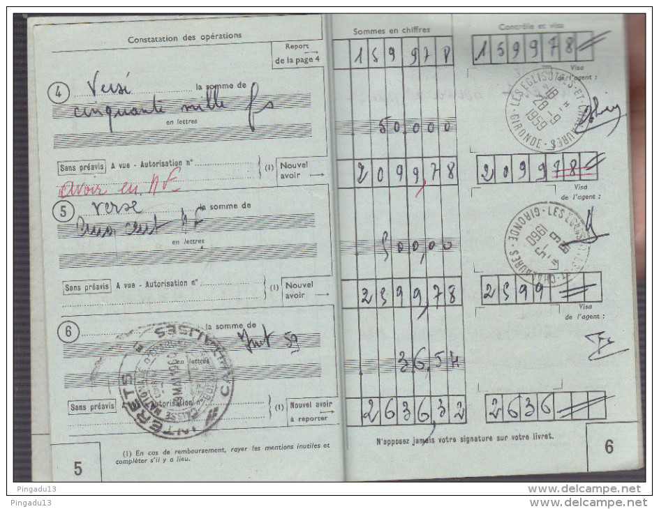 Au Plus Rapide Livret National PTT Caisse Nationale D´Epargne Les Eglisottes Gironde Année 1958 Très Bon état - Cheques & Traveler's Cheques