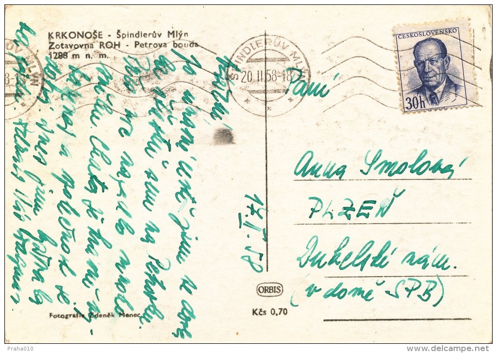 L0545 - Czechoslovakia (1958) Spindleruv Mlyn (postcard); Tariff: 30h (stamp: Antonin Zapotocky - Shift Perforation) - Variétés Et Curiosités