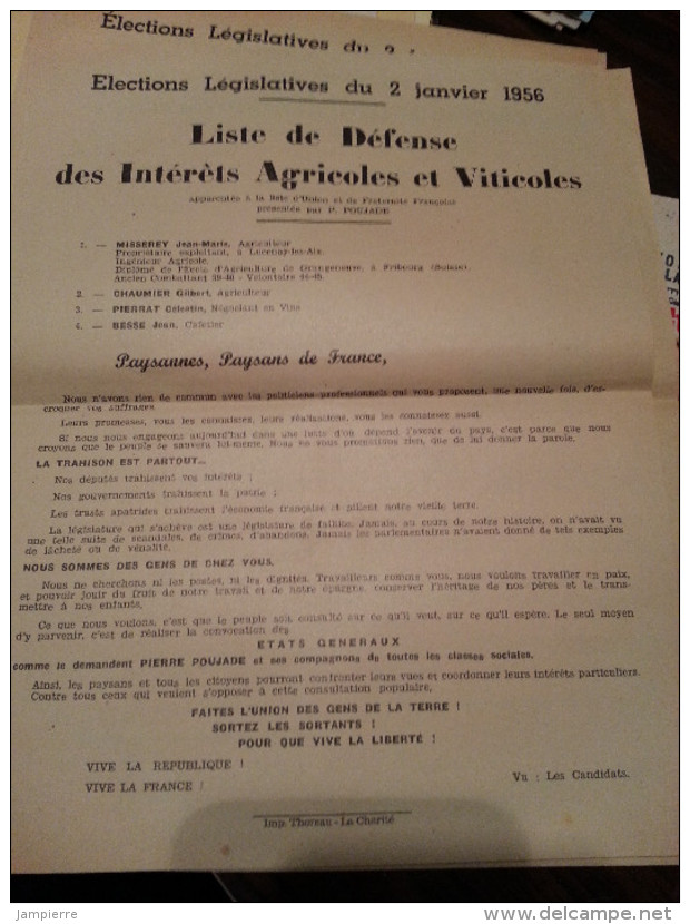 Elections Législatives Nièvre 2/1/56 - Misserey (Lucenay), Chaumier, Pierrat, Besse - Défense Des Intêrets Agricoles - Programmes