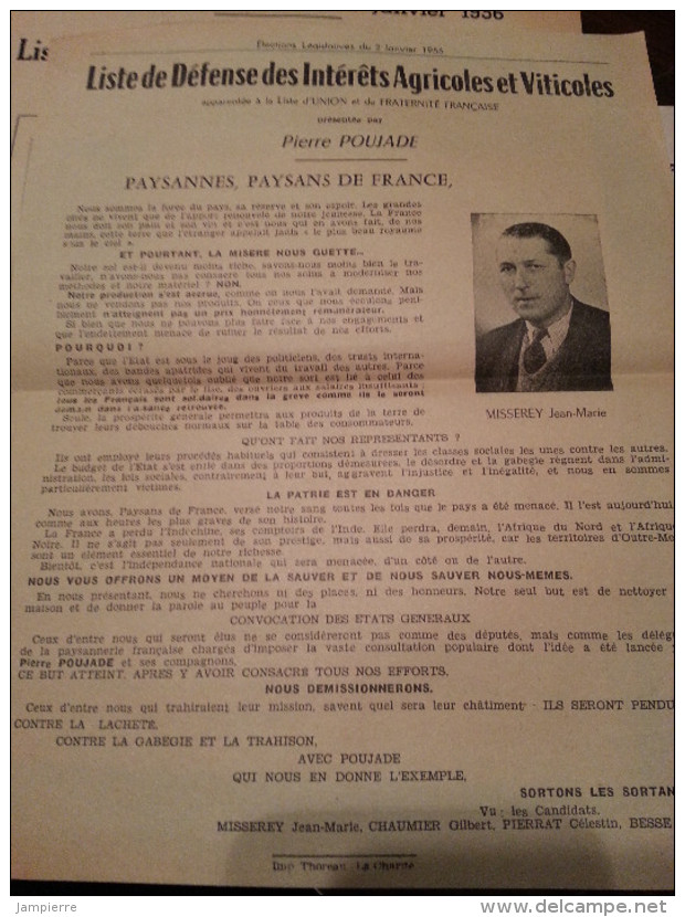 Elections Législatives Nièvre 2/1/56 - Misserey (Lucenay), Chaumier, Pierrat, Besse - Défense Des Intêrets Agricoles - Programme