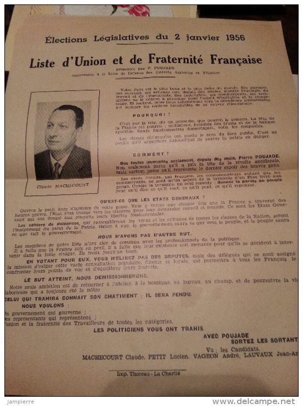 Elections Législatives Nièvre 2/1/56 - Machecourt, Petit, Vageon, Lauvaux - Union Et Fraternité Française - Programs