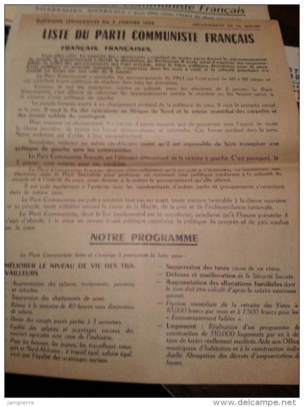 Elections Législatives Nièvre 2/1/56 - Barbot (Nevers), Cordebois (Chantenay), Perronnet (St Léger), Gillot (Brassy) -PC - Programmes