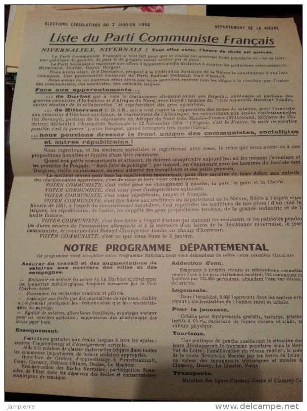 Elections Législatives Nièvre 2/1/56 - Barbot (Nevers), Cordebois (Chantenay), Perronnet (St Léger), Gillot (Brassy) -PC - Programmes